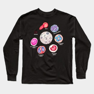 Blood cells. RBCs. WBCs, Basophil, Platelet, thrombocyte, Neutrophil, B-Lymphocyte, Monocyte, Eosinophil. Long Sleeve T-Shirt